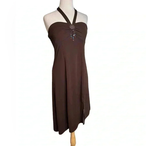 Vintage Y2K brown halter asymmetrical Bisou Bisou Size 12 dress beaded size 12 - Picture 1 of 7